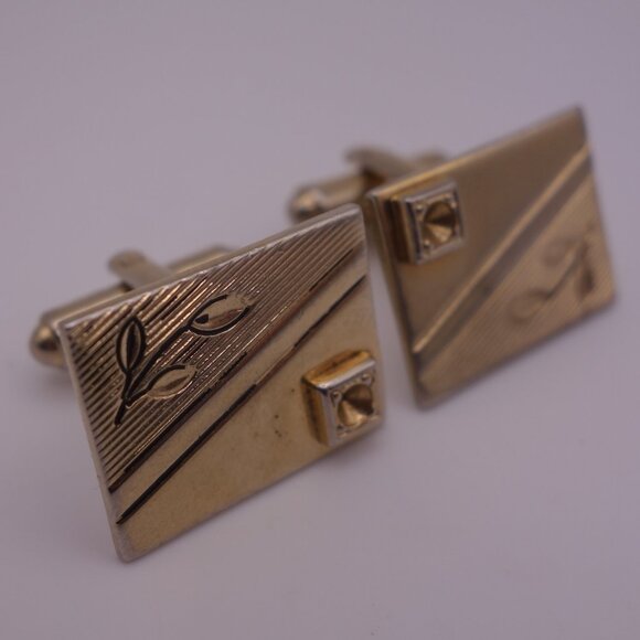 Gold Color Rectangle Cuff Links with Design - Picture 1 of 12